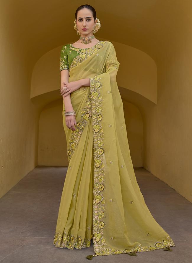 Organza Silk Yellow Party Wear Sequins Work Saree